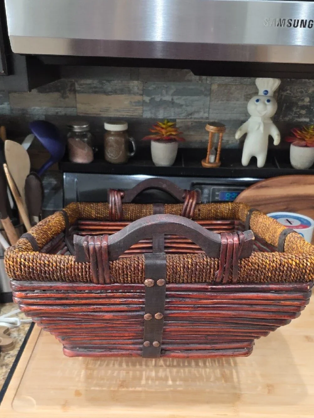 Handwoven Brown Rattan Storage Basket with Side Handles